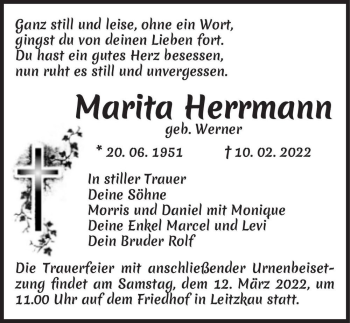 Traueranzeige von Marita Herrmann (geb. Werner)  von Magdeburger Volksstimme