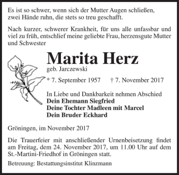 Traueranzeige von Marita Herz  (geb. Jarczewski)  von Magdeburger Volksstimme