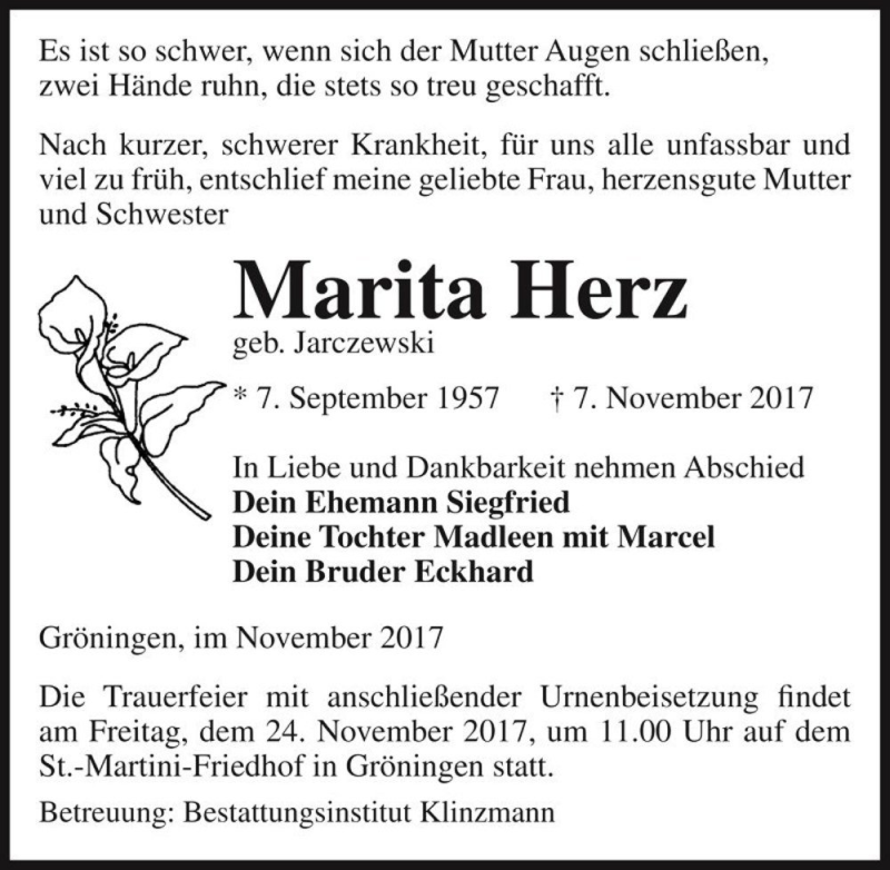  Traueranzeige für Marita Herz (geb. Jarczewski)  vom 18.11.2017 aus Magdeburger Volksstimme