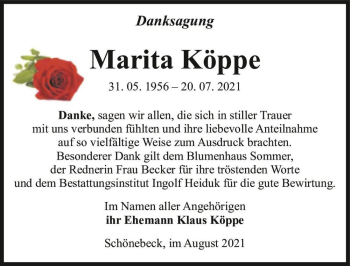 Traueranzeige von Marita Köppe  von Magdeburger Volksstimme