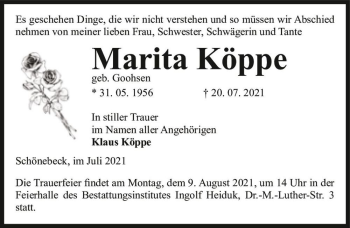 Traueranzeige von Marita Köppe (geb. Goohsen)  von Magdeburger Volksstimme