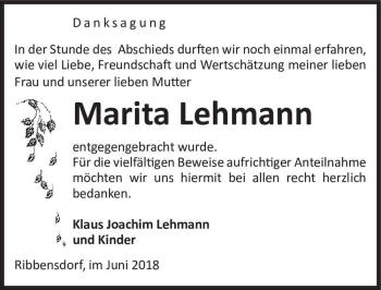 Traueranzeige von Marita Lehmann  von Magdeburger Volksstimme
