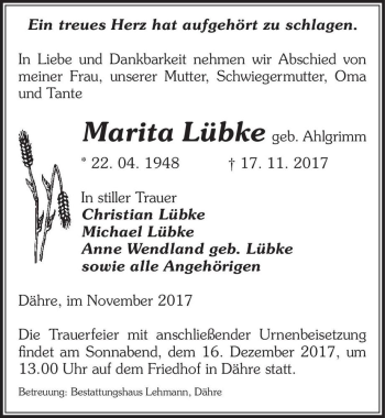 Traueranzeige von Marita Lübke (geb. Ahlgrimm)  von Magdeburger Volksstimme