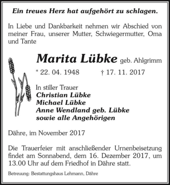 Traueranzeige von Marita Lübke (geb. Ahlgrimm)  von Magdeburger Volksstimme