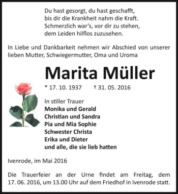 Traueranzeige von Marita Müller  von Magdeburger Volksstimme
