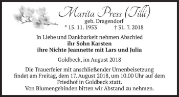 Traueranzeige von Marita Press (Tilli) (geb. Dragendorf)  von Magdeburger Volksstimme