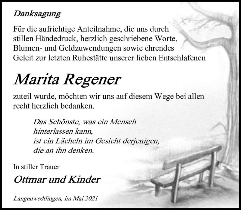  Traueranzeige für Marita Regener  vom 22.05.2021 aus Magdeburger Volksstimme