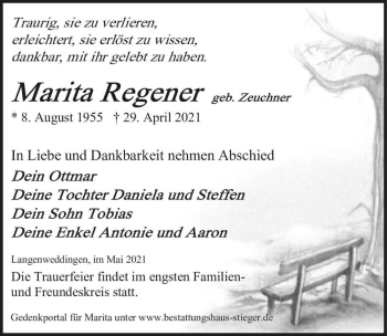 Traueranzeige von Marita Regener (geb. Zeuchner)  von Magdeburger Volksstimme