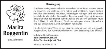 Traueranzeige von Marita Roggentin (geb. Johmann)  von Magdeburger Volksstimme