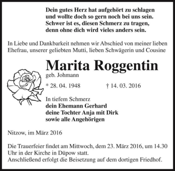 Traueranzeige von Marita Roggentin (geb. Johmann)  von Magdeburger Volksstimme