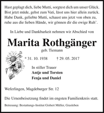 Traueranzeige von Marita Rothgänger (geb. Tiemann)  von Magdeburger Volksstimme