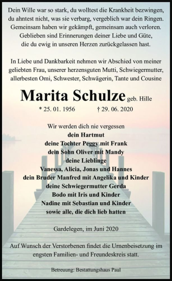 Traueranzeige von Marita Schulze (geb. Hille)  von Magdeburger Volksstimme