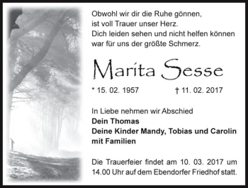Traueranzeige von Marita Sesse  von Magdeburger Volksstimme