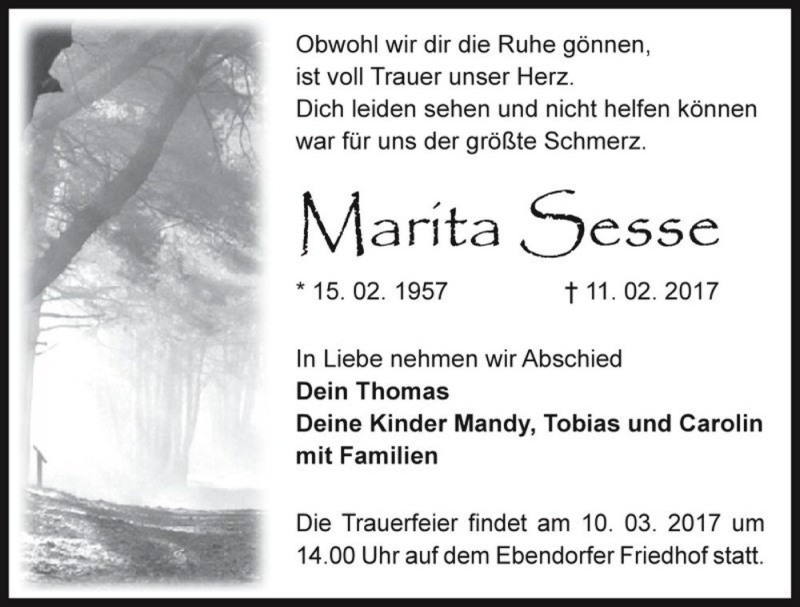  Traueranzeige für Marita Sesse  vom 25.02.2017 aus Magdeburger Volksstimme
