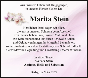 Traueranzeige von Marita Stein  von Magdeburger Volksstimme