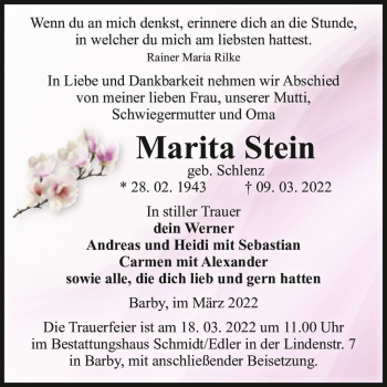 Traueranzeige von Marita Stein (geb. Schlenz)  von Magdeburger Volksstimme