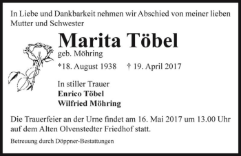 Traueranzeige von Marita Töbel (geb. Möhring)  von Magdeburger Volksstimme