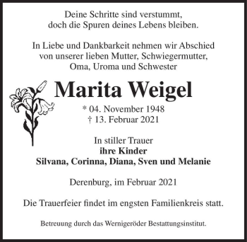 Traueranzeige von Marita Weigel  von Magdeburger Volksstimme