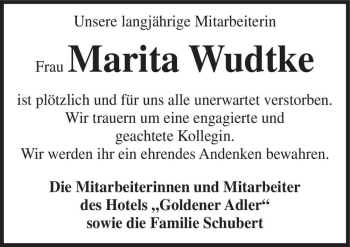 Traueranzeige von Marita Wudtke  von Magdeburger Volksstimme