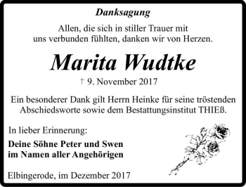 Traueranzeige von Marita Wudtke  von Magdeburger Volksstimme