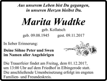 Traueranzeige von Marita Wudtke (geb. Kollatsch)  von Magdeburger Volksstimme