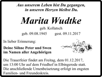 Traueranzeige von Marita Wudtke (geb. Kollatsch)  von Magdeburger Volksstimme