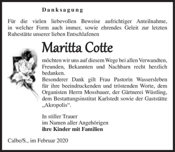 Traueranzeige von Maritta Cotte  von Magdeburger Volksstimme