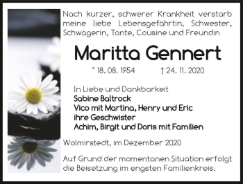 Traueranzeige von Maritta Gennert  von Magdeburger Volksstimme