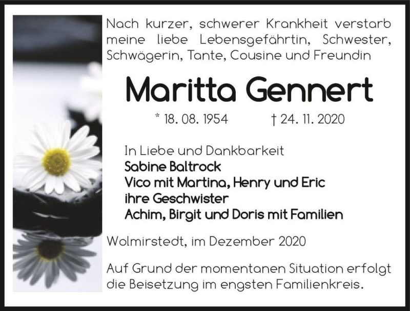  Traueranzeige für Maritta Gennert  vom 05.12.2020 aus Magdeburger Volksstimme
