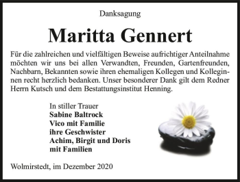 Traueranzeige von Maritta Gennert  von Magdeburger Volksstimme
