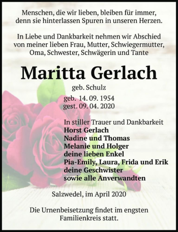 Traueranzeige von Maritta Gerlach (geb. Schulz)  von Magdeburger Volksstimme