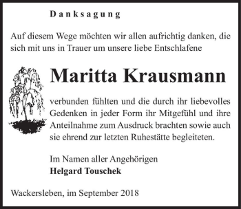 Traueranzeige von Maritta Krausmann  von Magdeburger Volksstimme