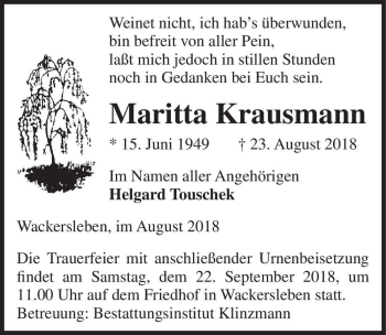 Traueranzeige von Maritta Krausmann  von Magdeburger Volksstimme