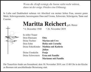Traueranzeige von Maritta Reichert (geb. Henze)  von Magdeburger Volksstimme