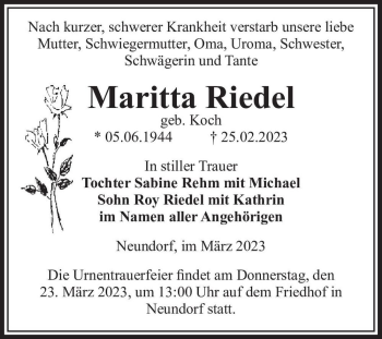 Traueranzeige von Maritta Riedel (geb. Koch)  von Magdeburger Volksstimme