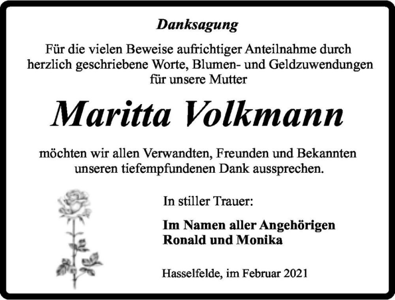  Traueranzeige für Maritta Volkmann  vom 20.02.2021 aus Magdeburger Volksstimme
