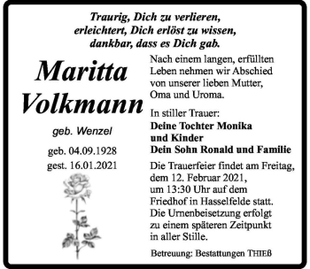 Traueranzeige von Maritta Volkmann (geb. Wenzel)  von Magdeburger Volksstimme