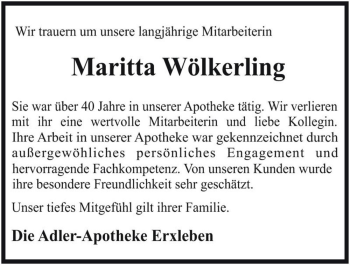 Traueranzeige von Maritta Wölkerling  von Magdeburger Volksstimme