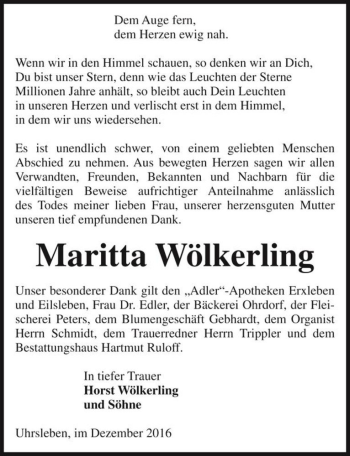 Traueranzeige von Maritta Wölkerling  von Magdeburger Volksstimme