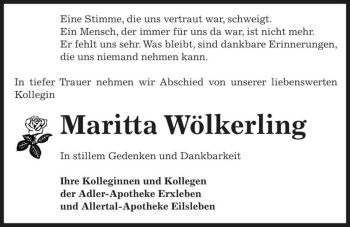 Traueranzeige von Maritta Wölkerling  von Magdeburger Volksstimme