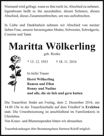 Traueranzeige von Maritta Wölkerling (geb. Rooke)  von Magdeburger Volksstimme