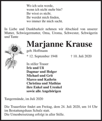 Traueranzeige von Marjanne Krause (geb. Hoffmann)  von Magdeburger Volksstimme