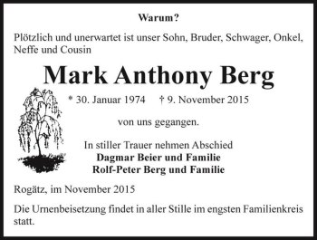 Traueranzeige von Mark Anthony Berg  von Magdeburger Volksstimme