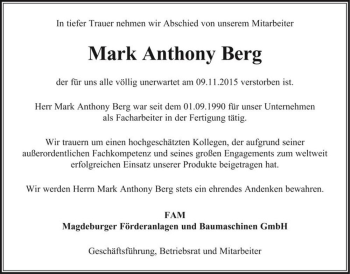 Traueranzeige von Mark Anthony Berg  von Magdeburger Volksstimme