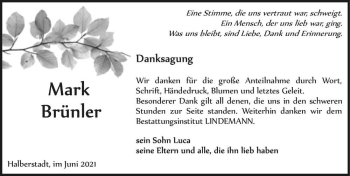 Traueranzeige von Mark Brünler  von Magdeburger Volksstimme