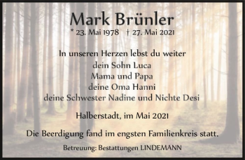 Traueranzeige von Mark Brünler  von Magdeburger Volksstimme