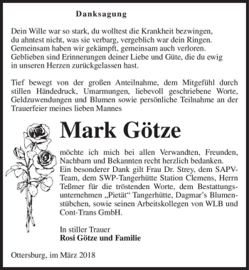 Traueranzeige von Mark Götze  von Magdeburger Volksstimme
