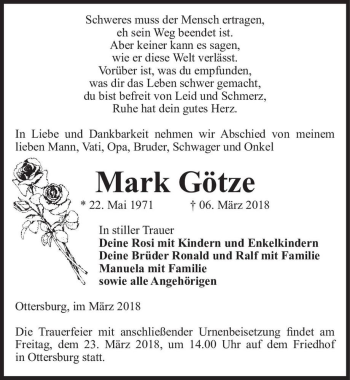 Traueranzeige von Mark Götze  von Magdeburger Volksstimme