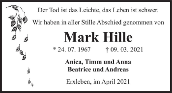 Traueranzeige von Mark Hille  von Magdeburger Volksstimme