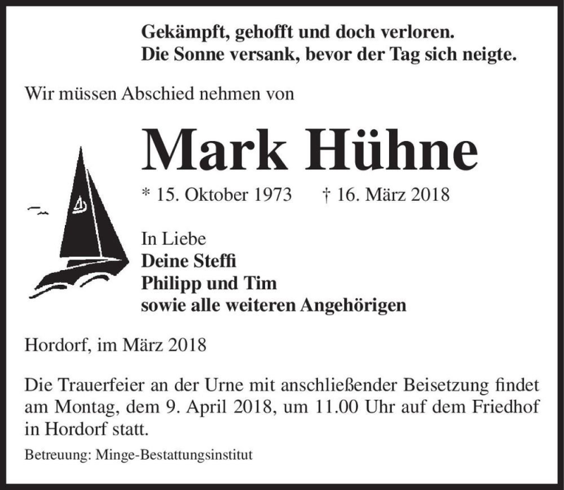 Traueranzeige für Mark Hühne  vom 24.03.2018 aus Magdeburger Volksstimme